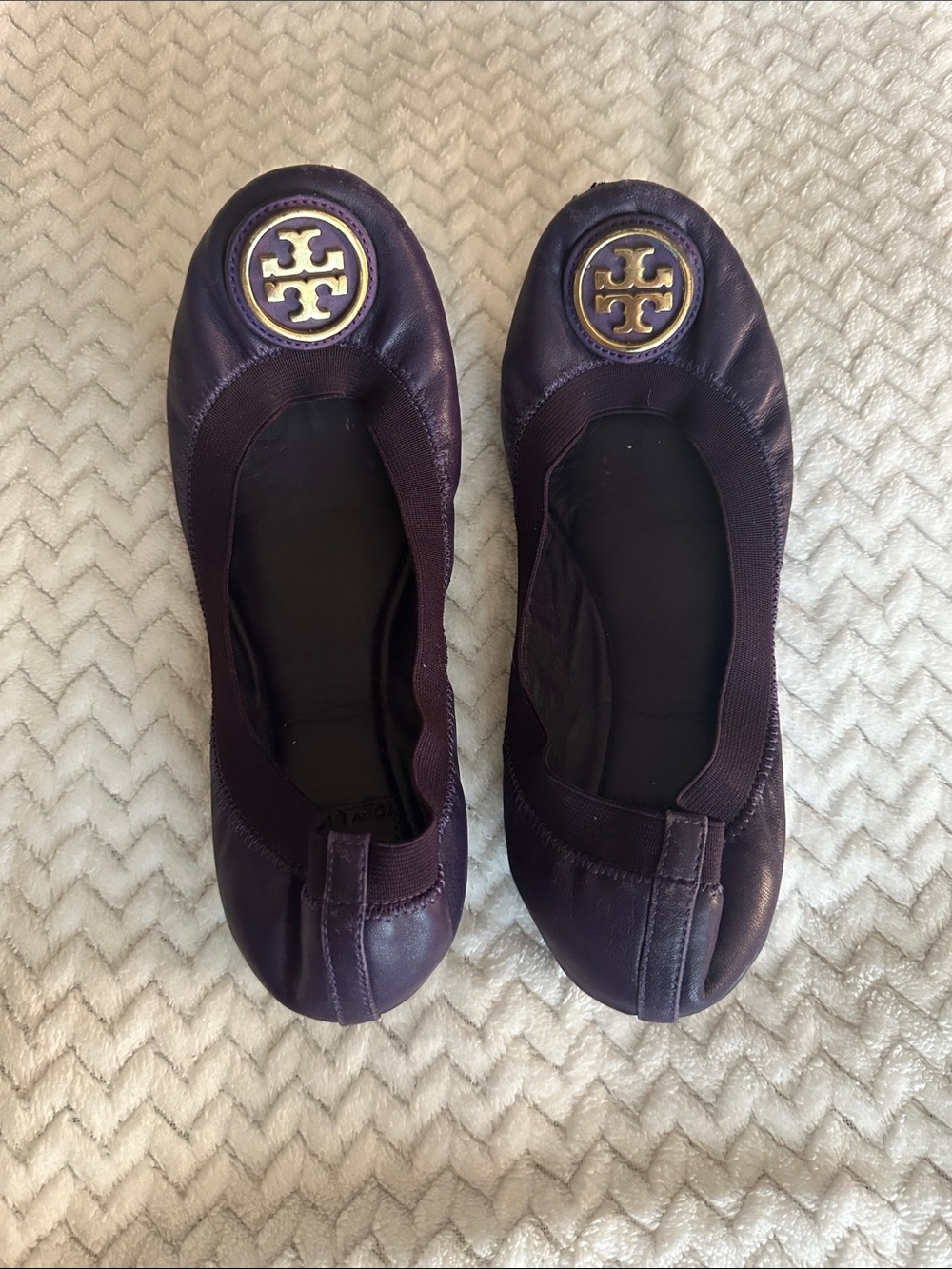 Tory Burch Plum Leather Logo Ballet Flats